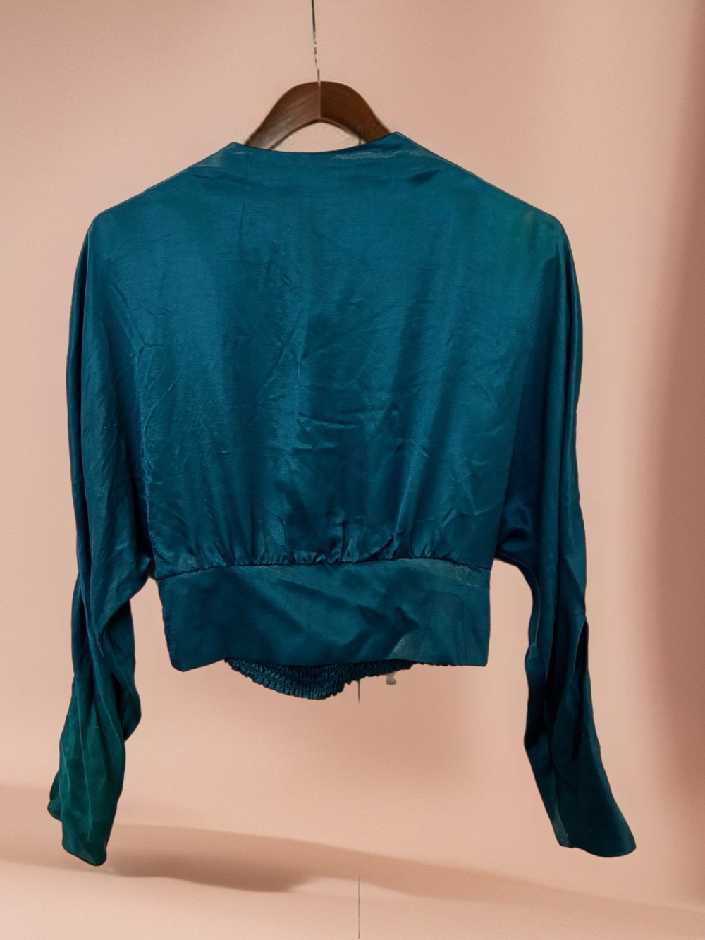 Zara Teal Satin Long Sleeve Cropped Blouse
